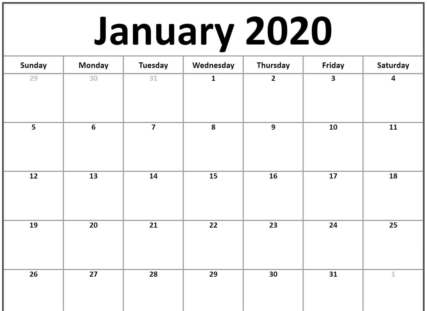 January Calendar 2020 Landscape