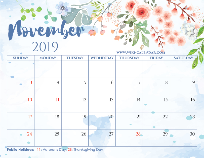 Free Printable November 2019 Floral Calendar with Holidays