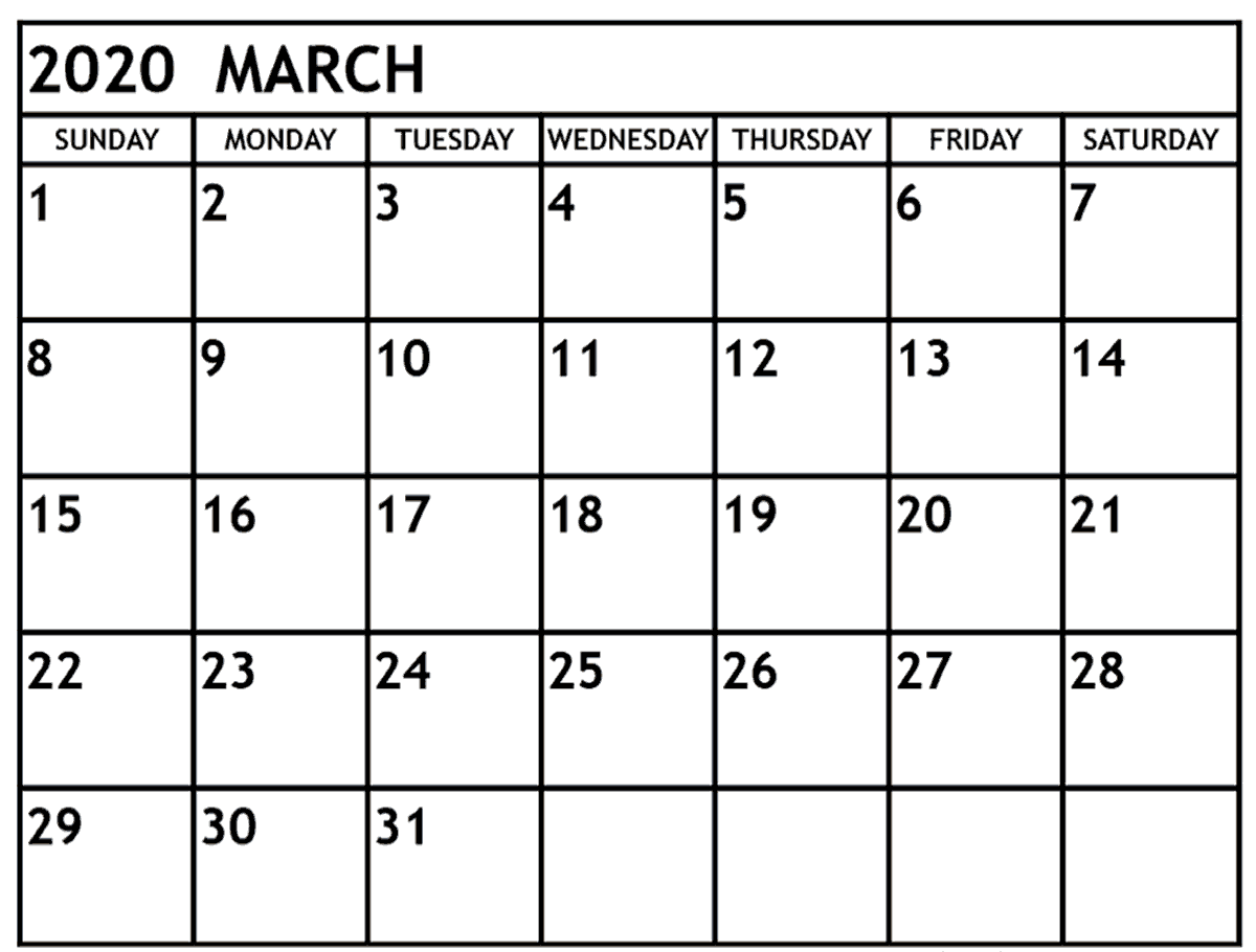Blank Calendar for March 2020 Template
