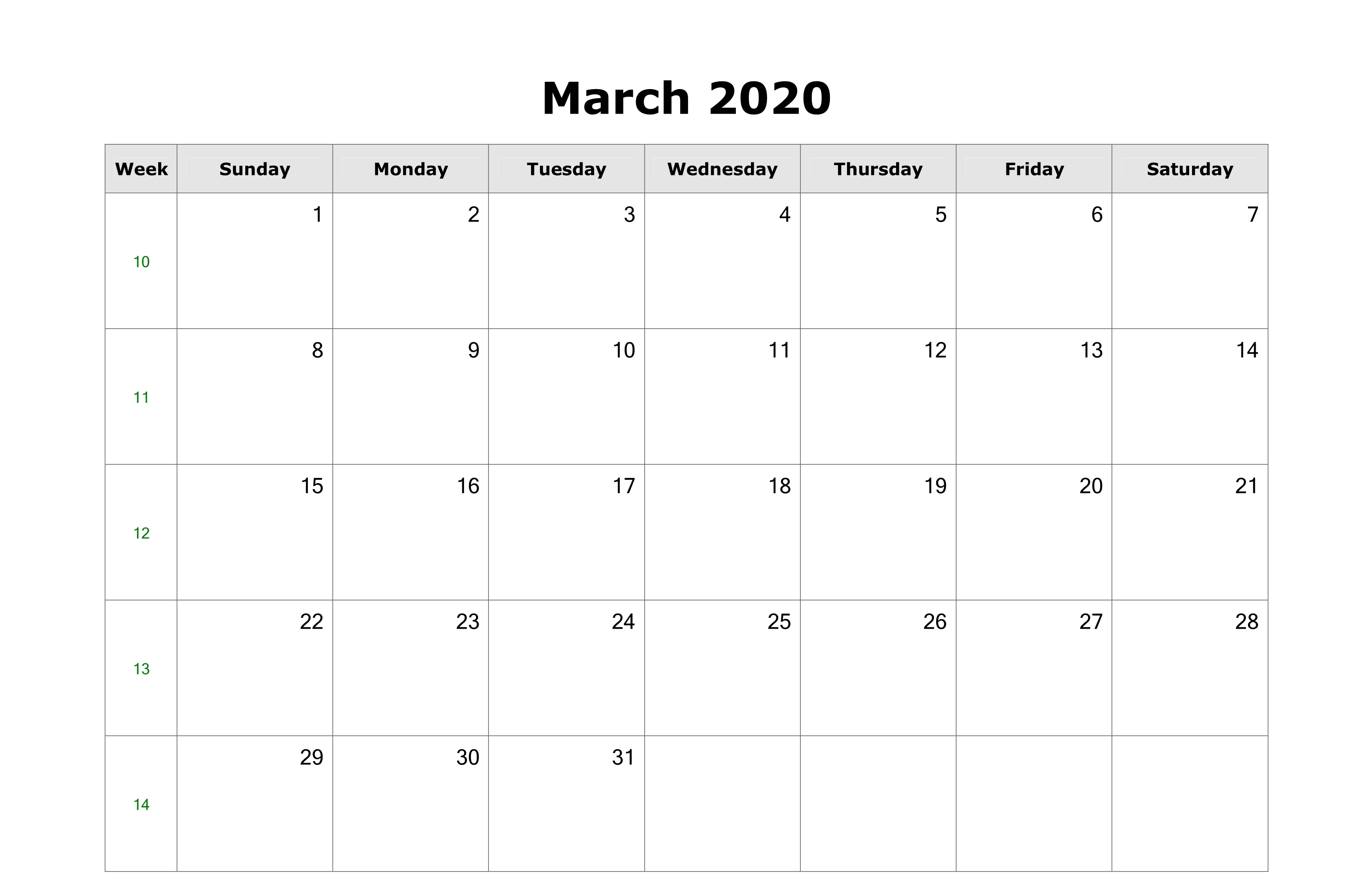 Blank March 2020 Calendar Template