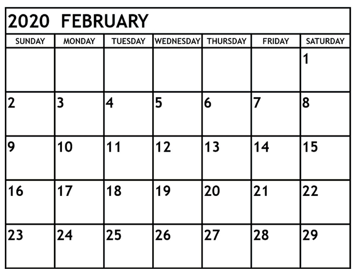February 2020 Calendar Monthly Template