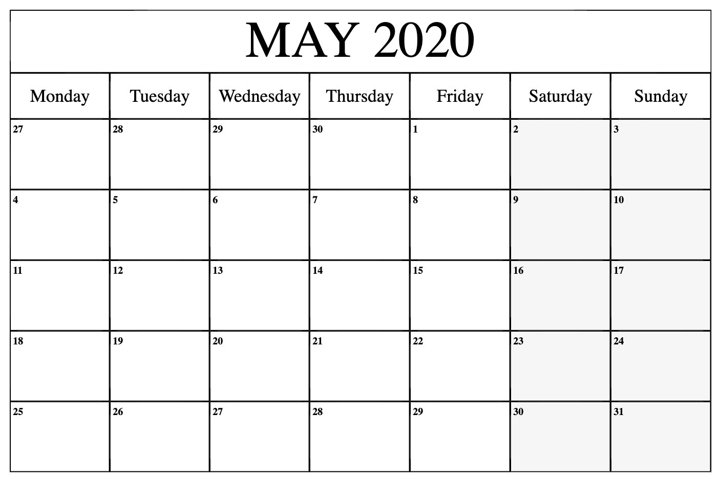 May 2020 Calendar