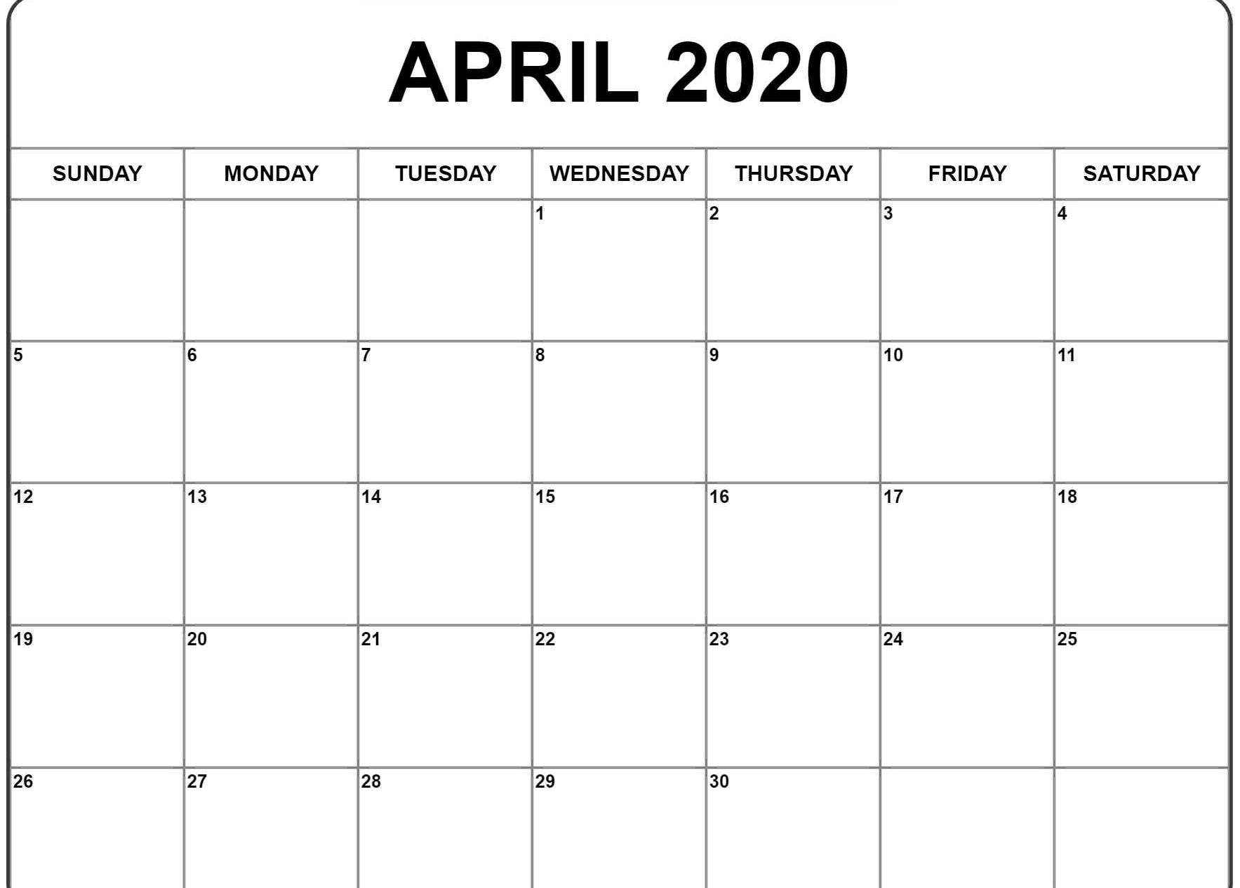 April 2020 Calendar Blank Template