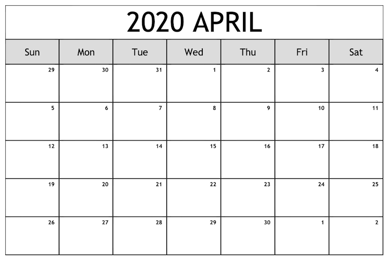 April 2020 Calendar Monthly Template
