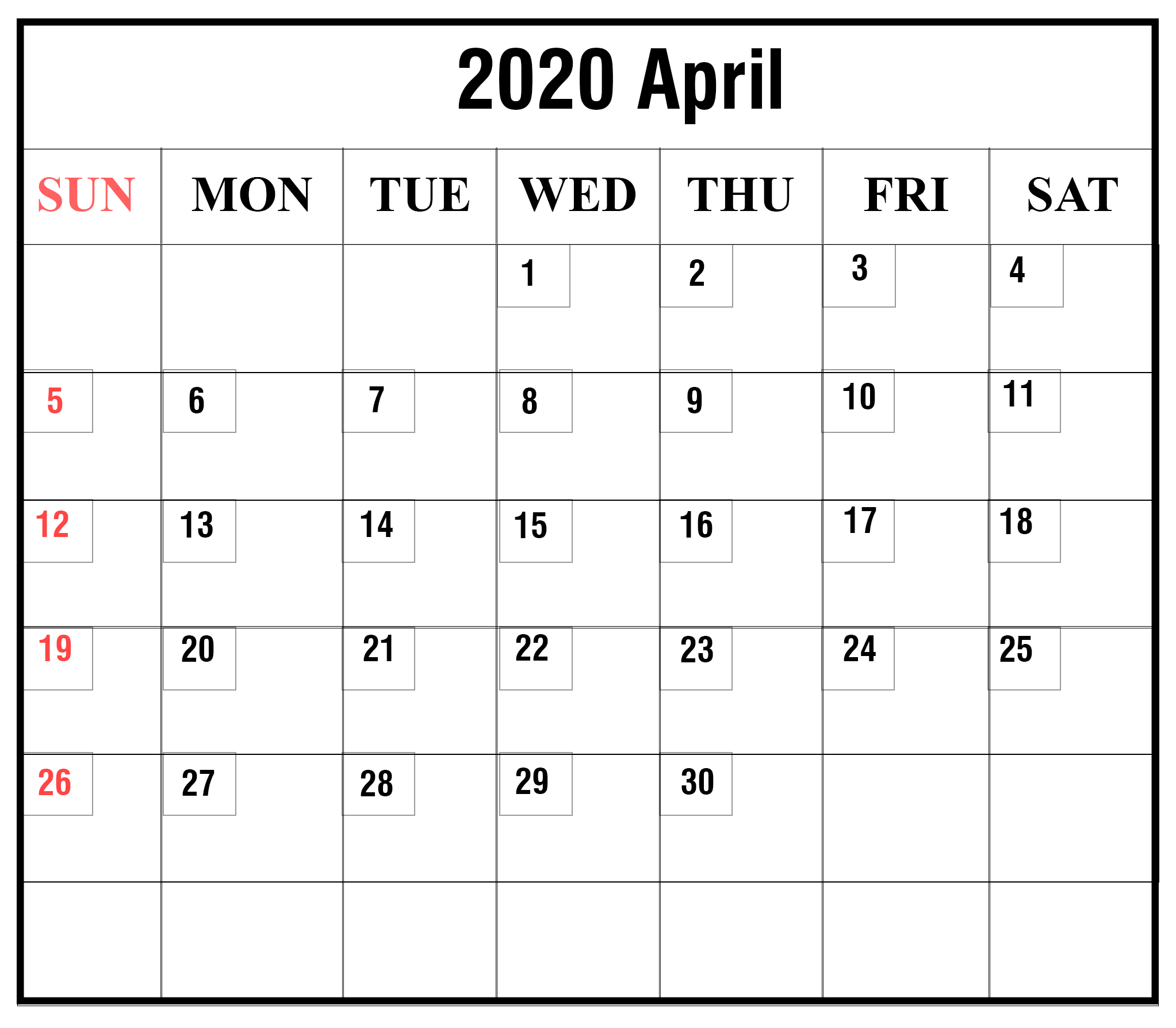 April 2020 Printable Calendar Template A4 Size