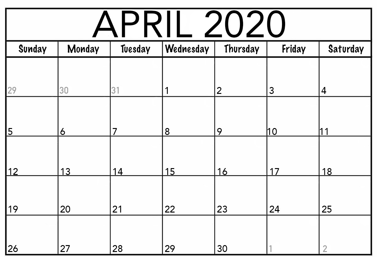 Blank April Fillable Calendar 2020