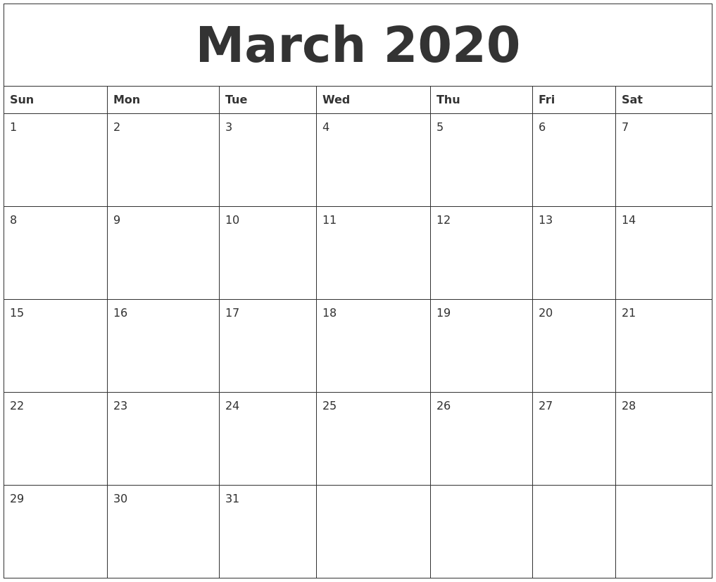 Blank March 2020 Calendar