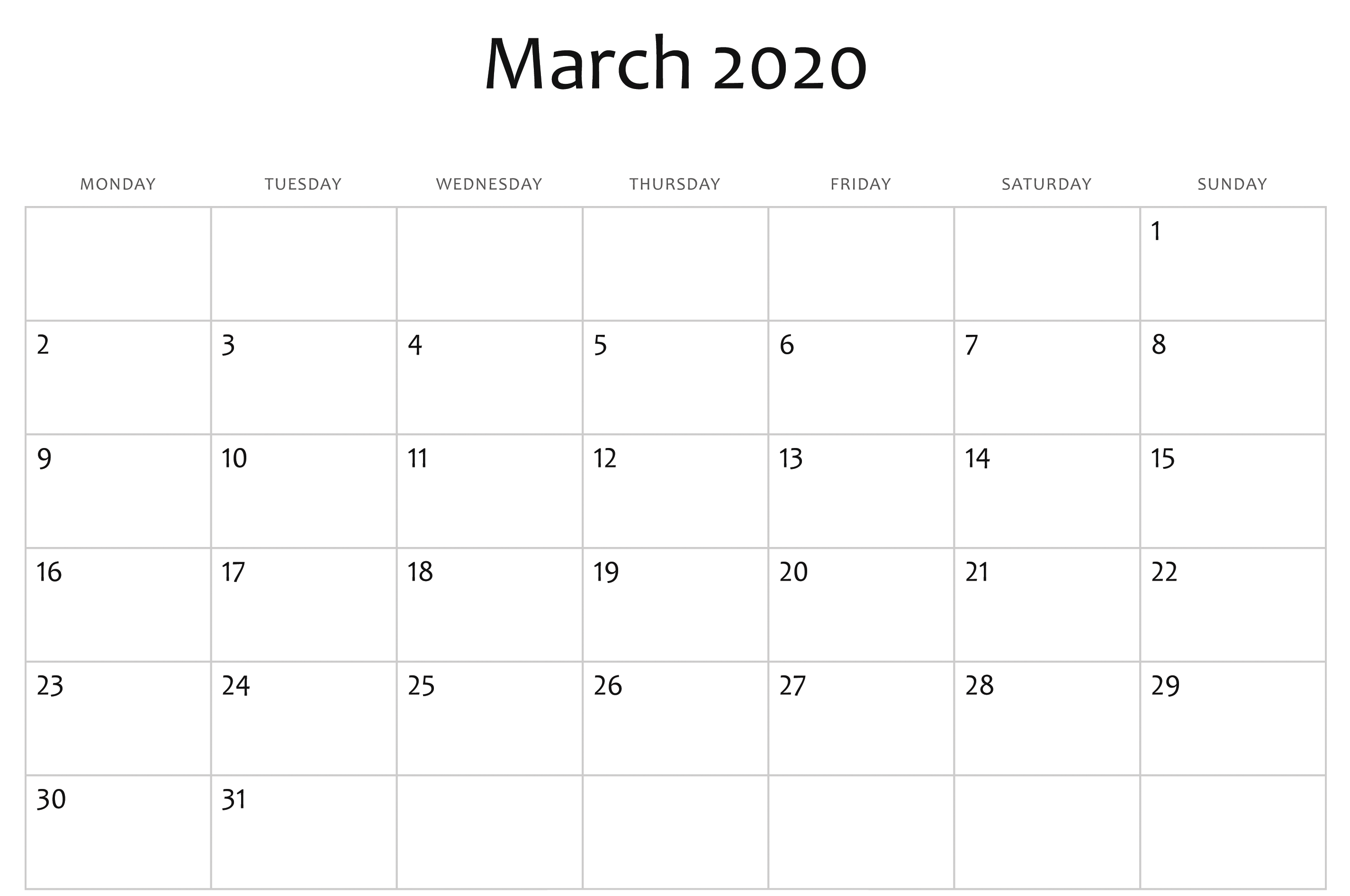 Blank March 2020 Printable Calendar Monthly Template