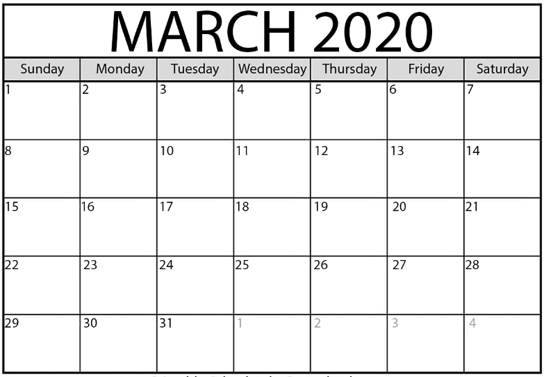 Editable March 2020 Calendar Blank Template