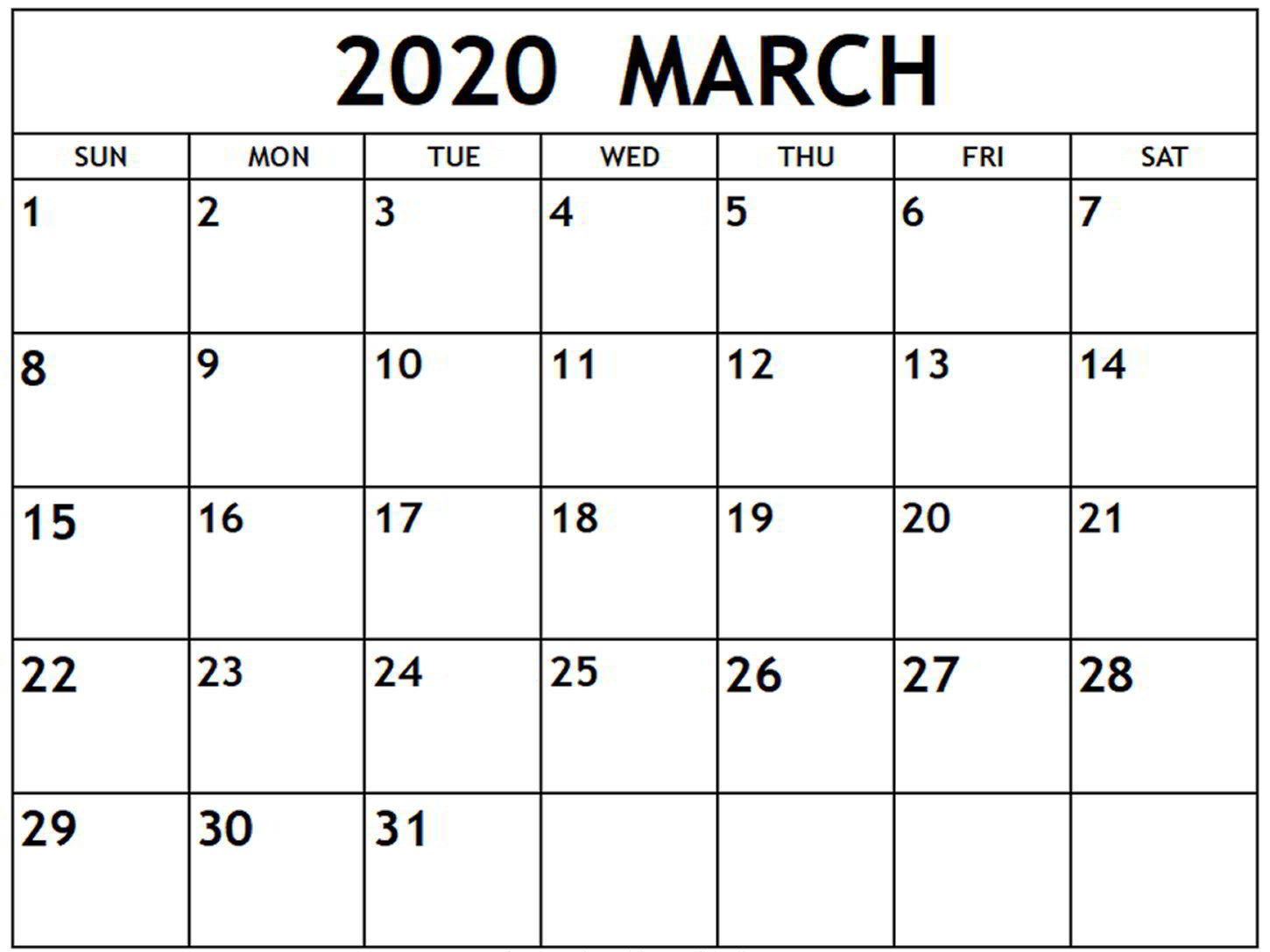 Free Monthly March 2020 Calendar Template