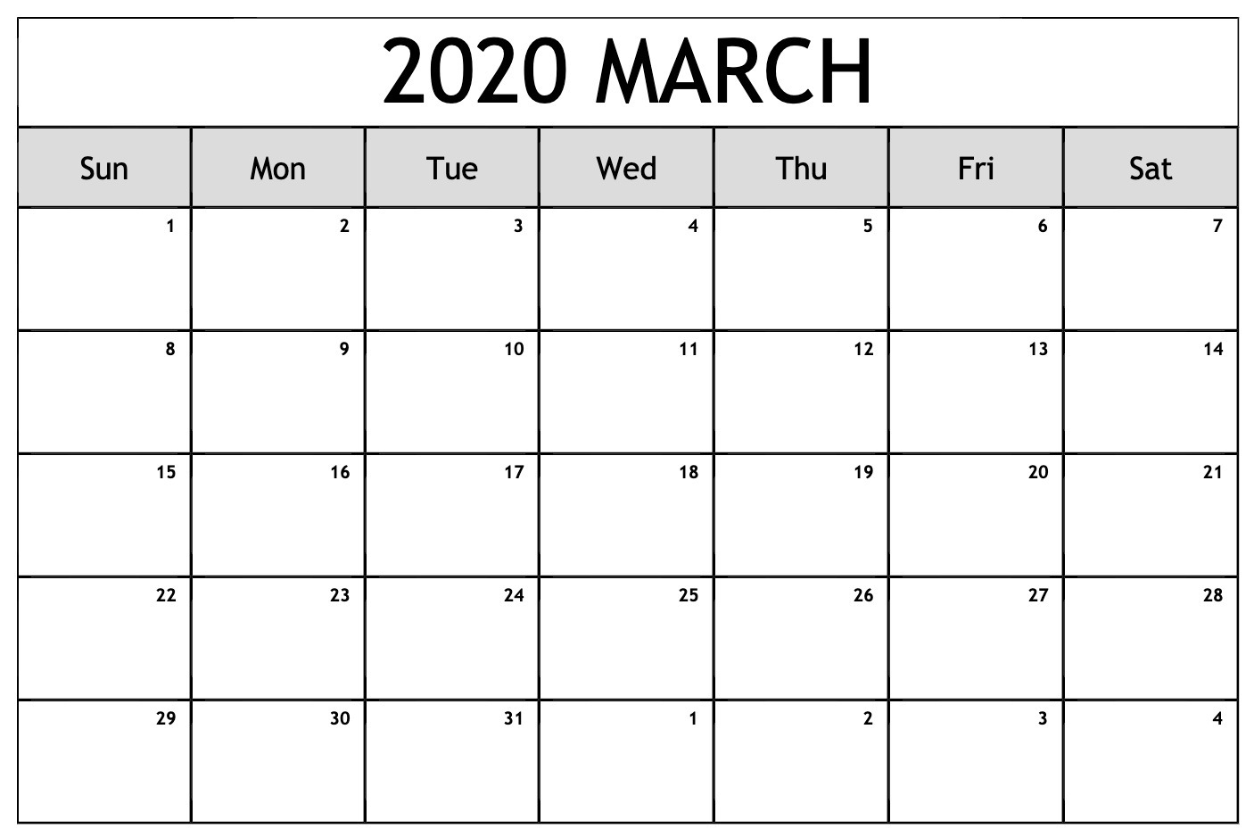 March 2020 Blank Calendar Template