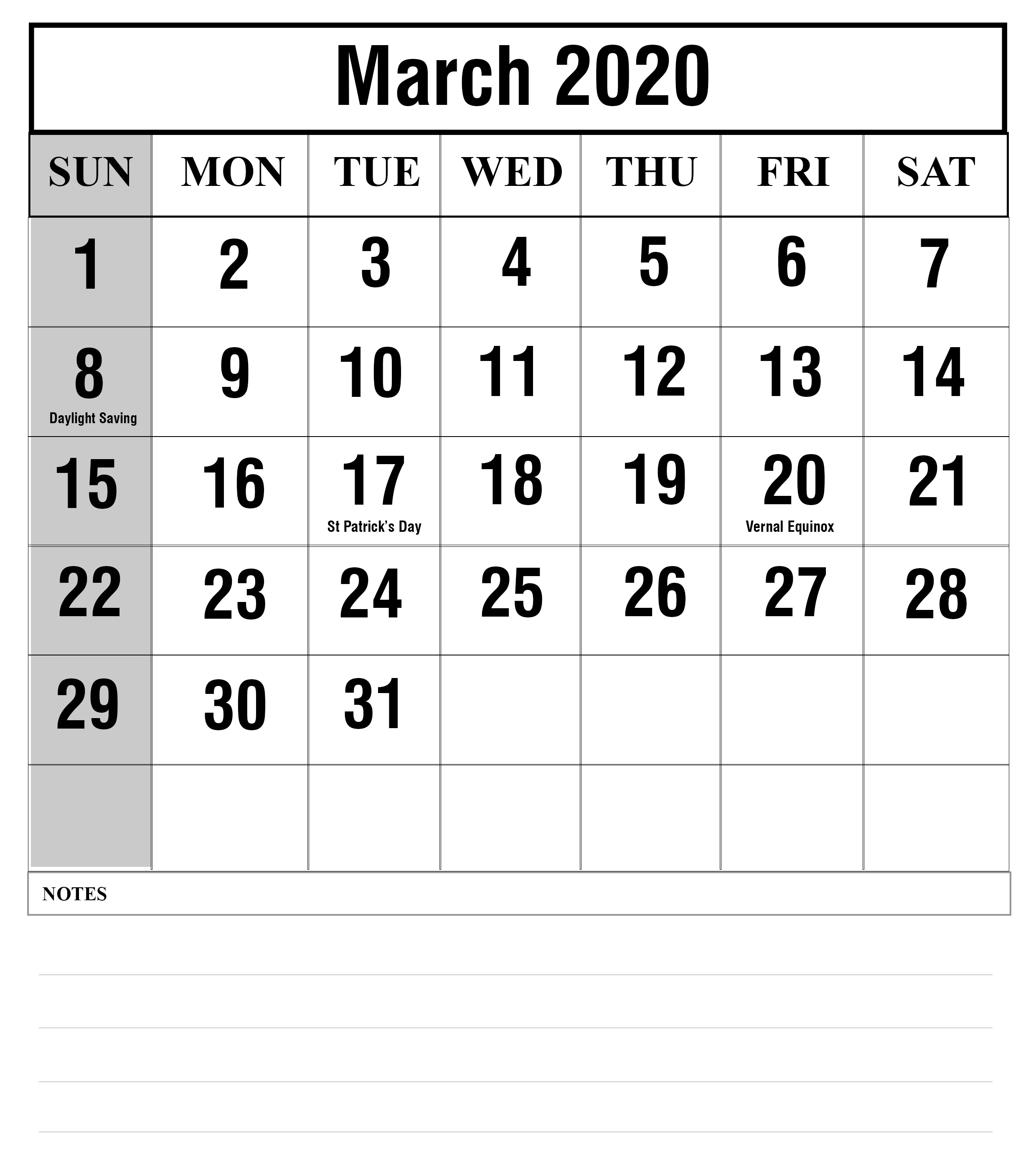 March 2020 Calendar With Notes