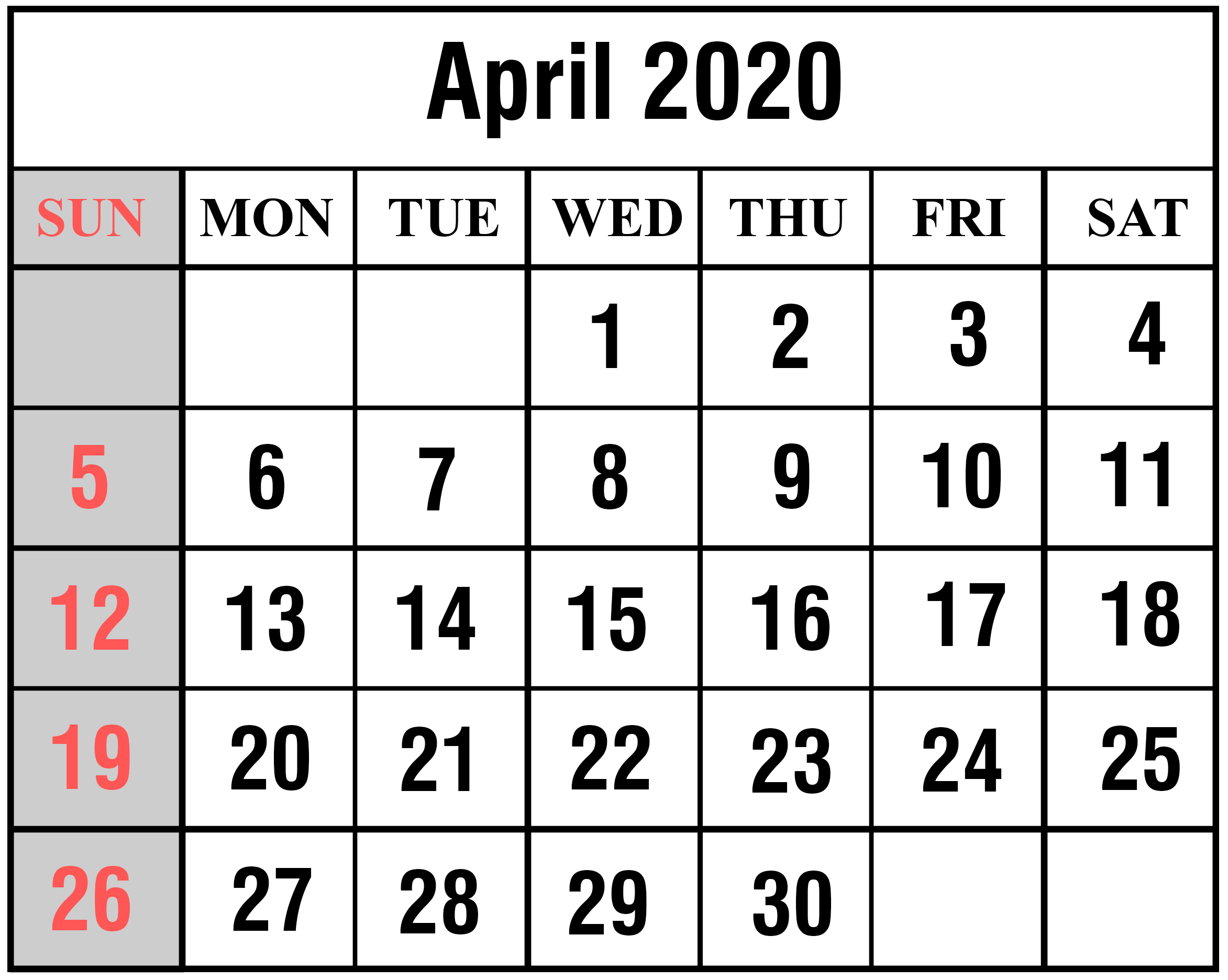 Monthly April 2020 Calendar Template