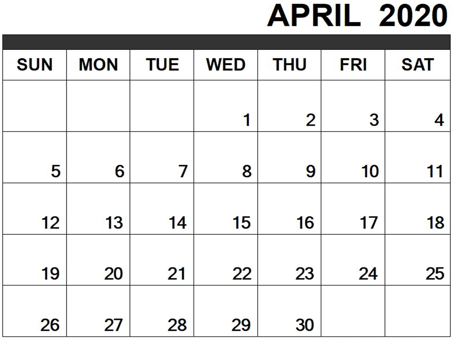 Monthly Blank April 2020 Printable Calendar Template