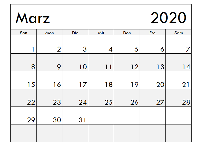 März 2020 Kalender mit Notizen
