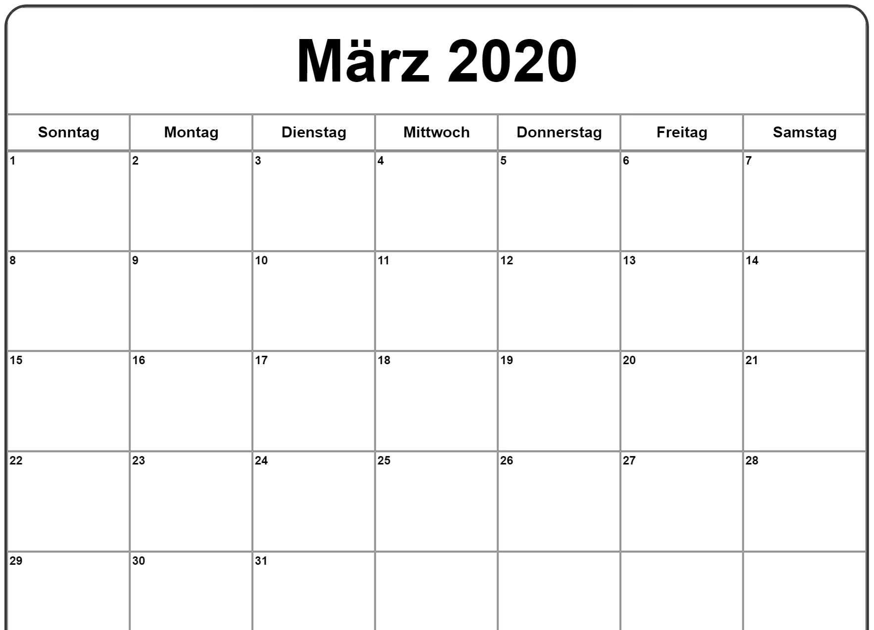 März 2020 Kalender