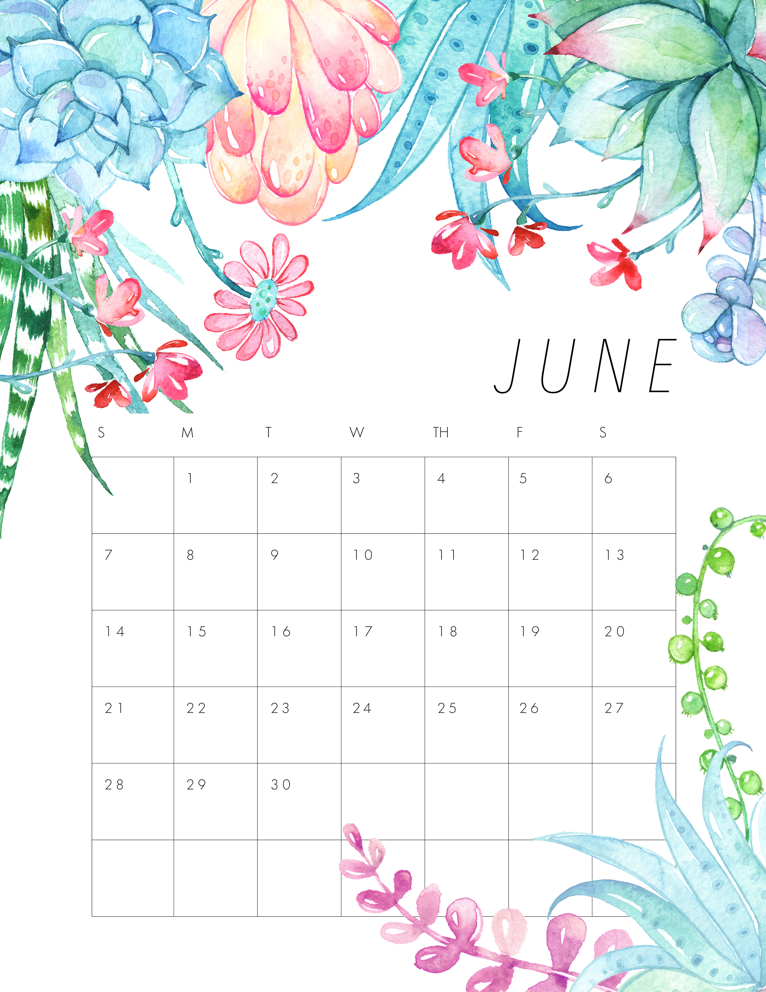 Free Printable June 2020 Floral Calendar