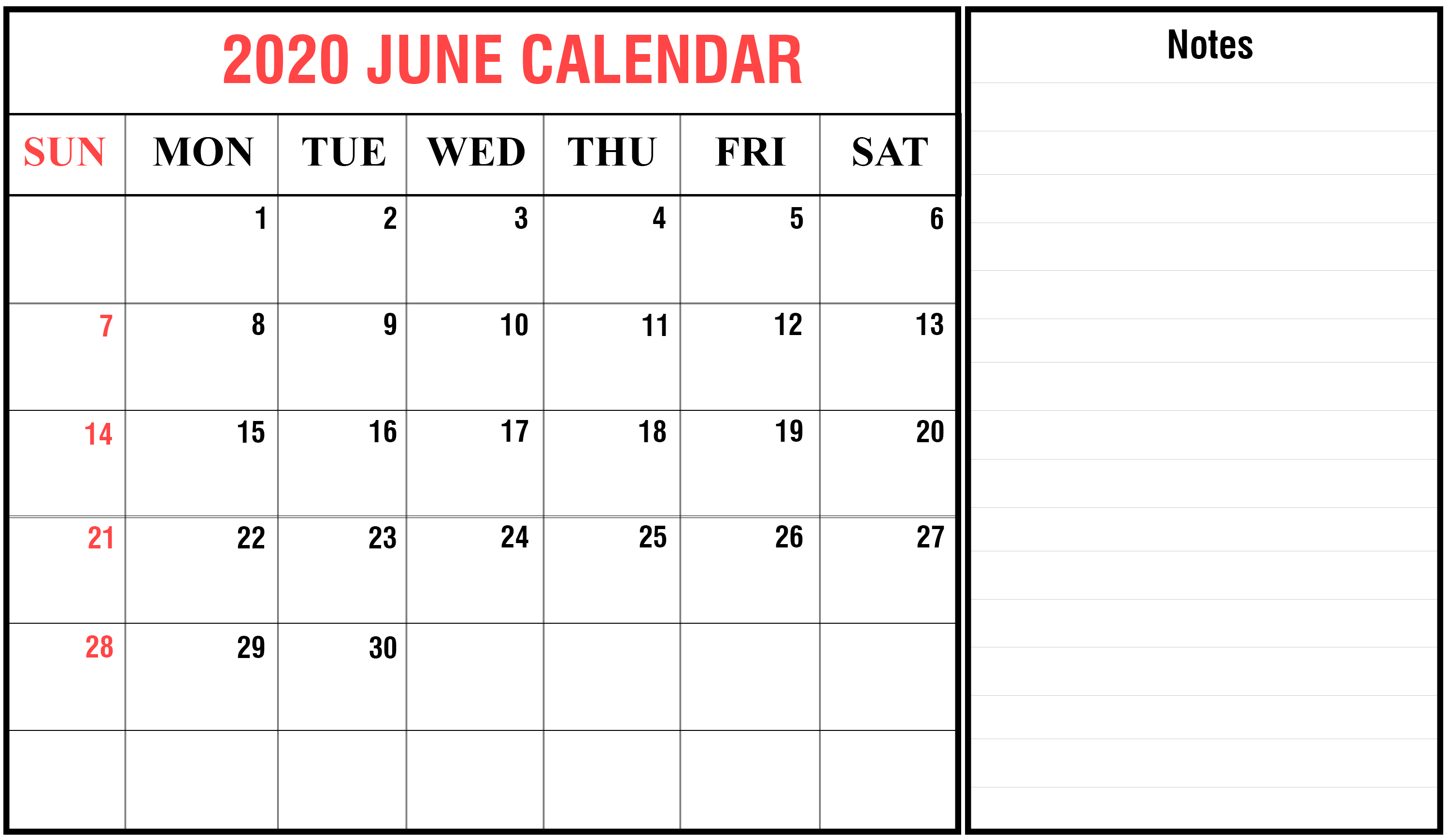 Free Printable June 2020 US Calendar Templates