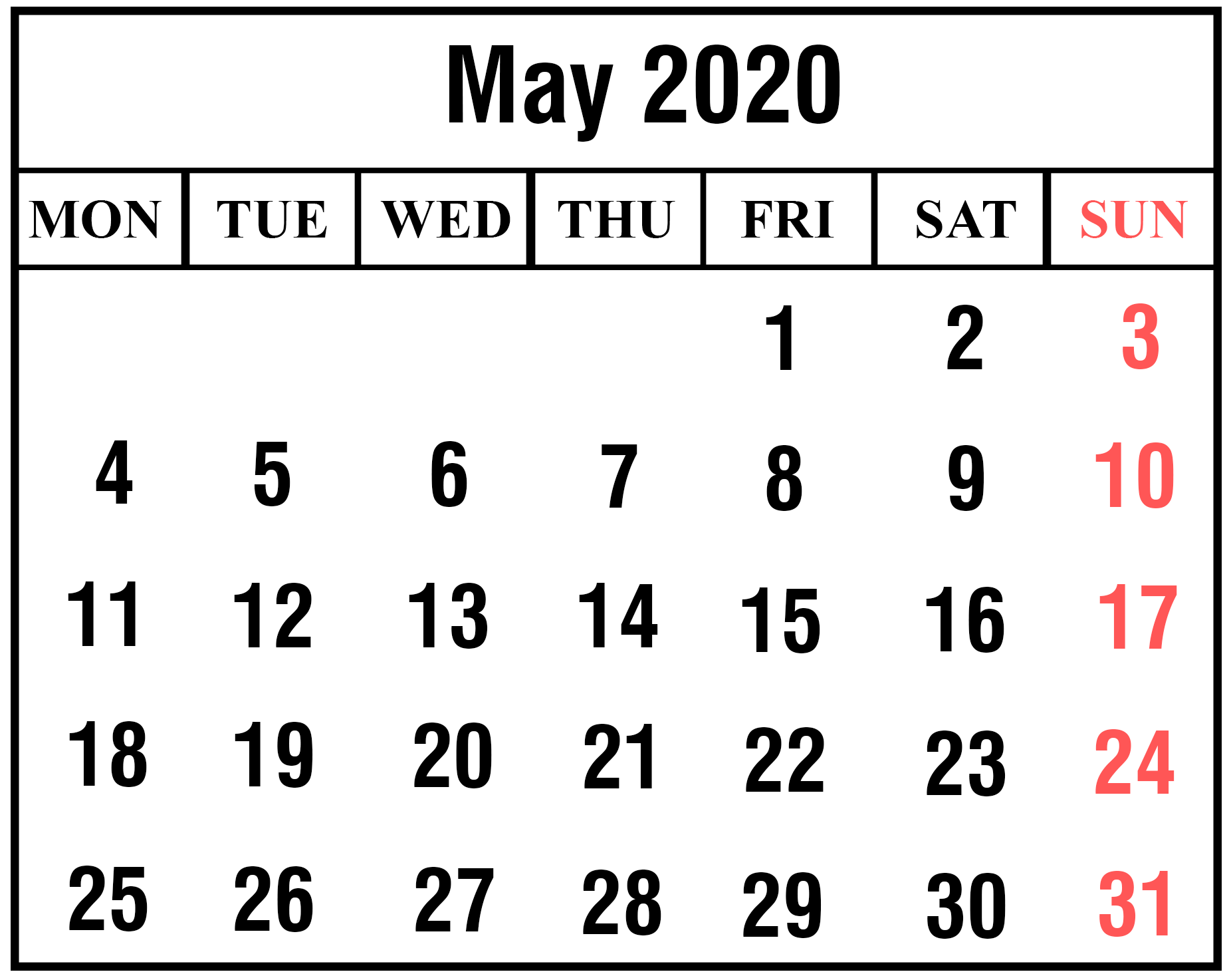 May 2020 Calendar with Holidays India