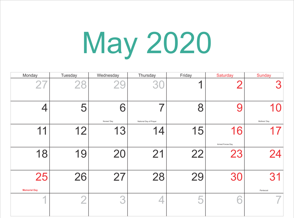 May Calendar 2020 Printable Template