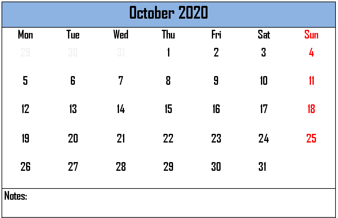 October Calendar 2020