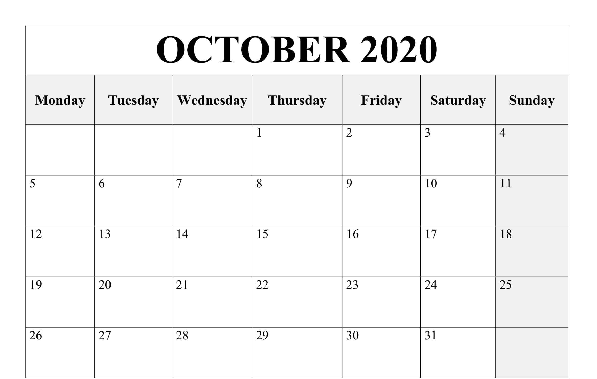 Calendar For October 2020 Printable