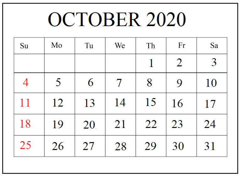 Printable Calendar of October 2020