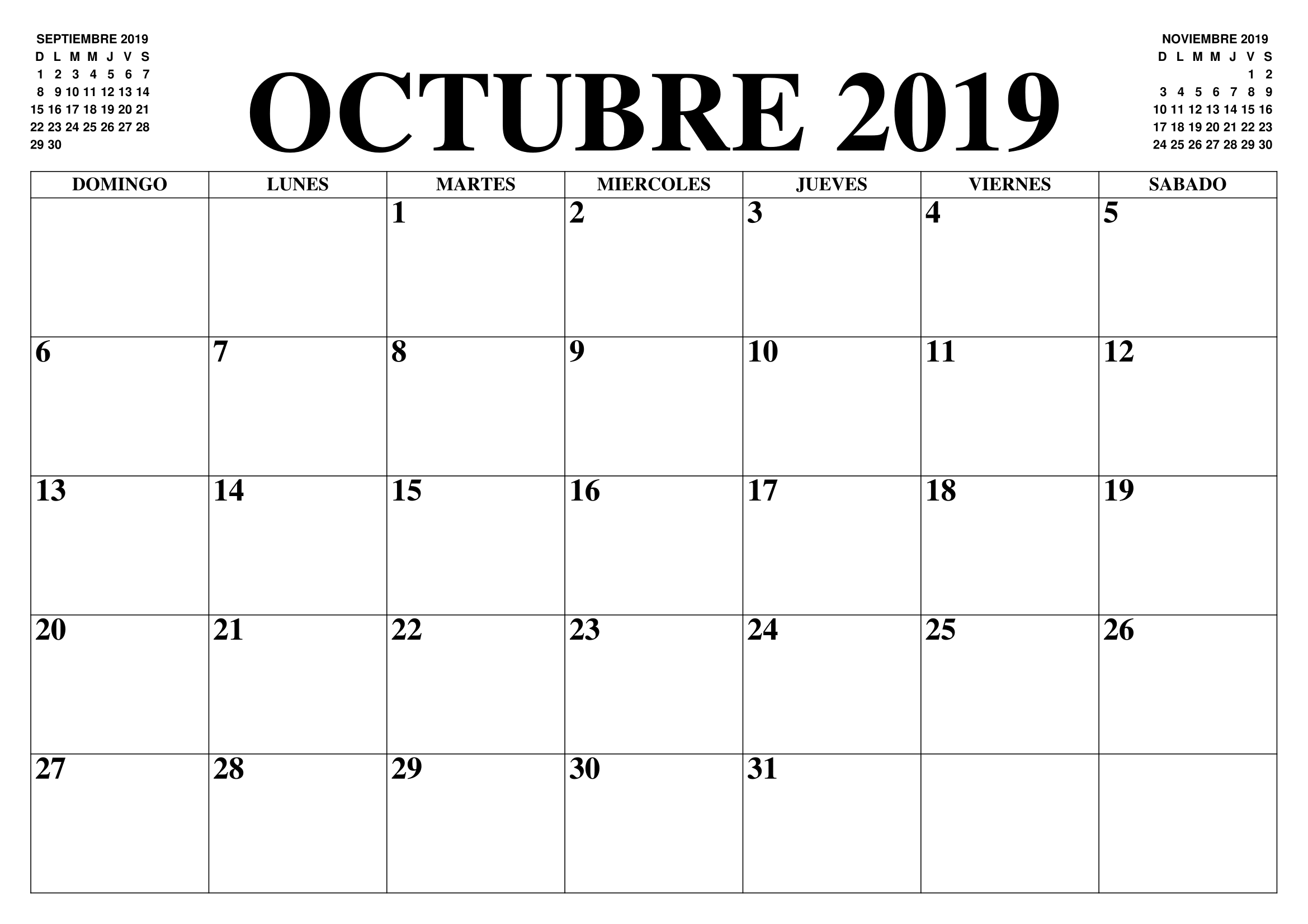 Calendario octubre 2019 con días festivos