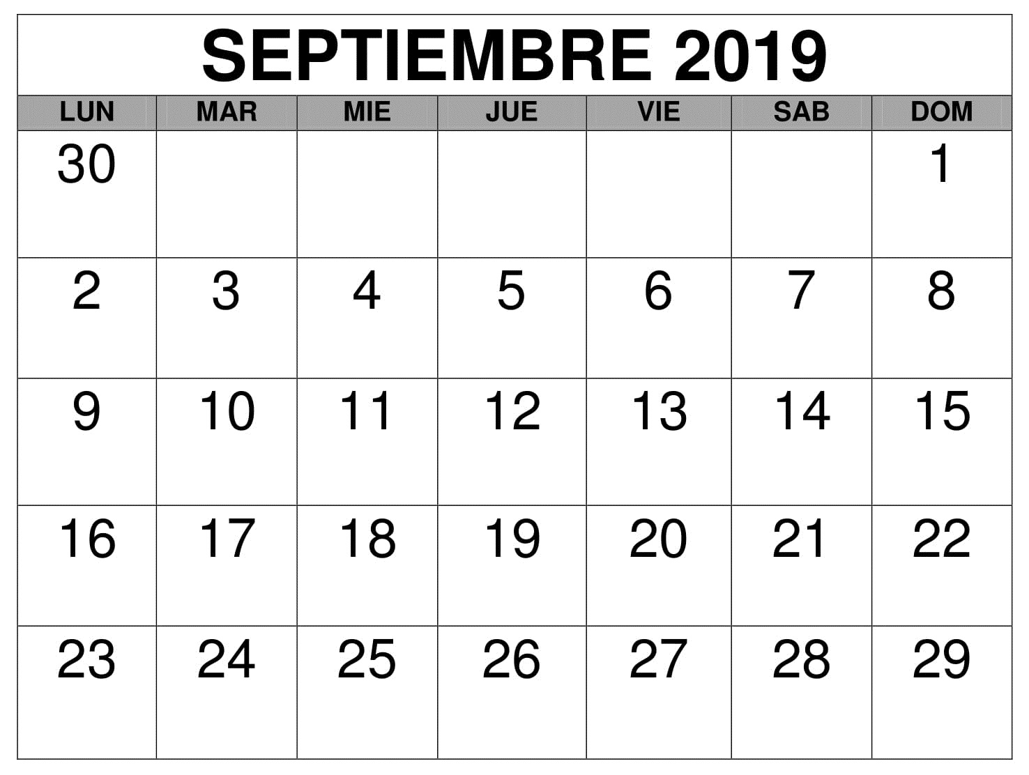 Calendario septiembre de 2019 con días festivos