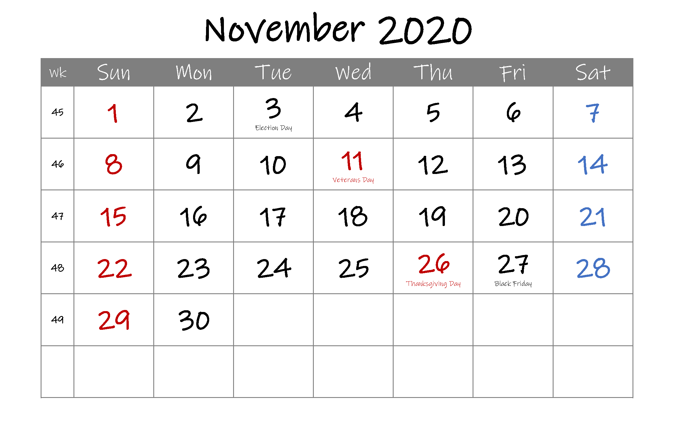 Editable Calendar for November 2020