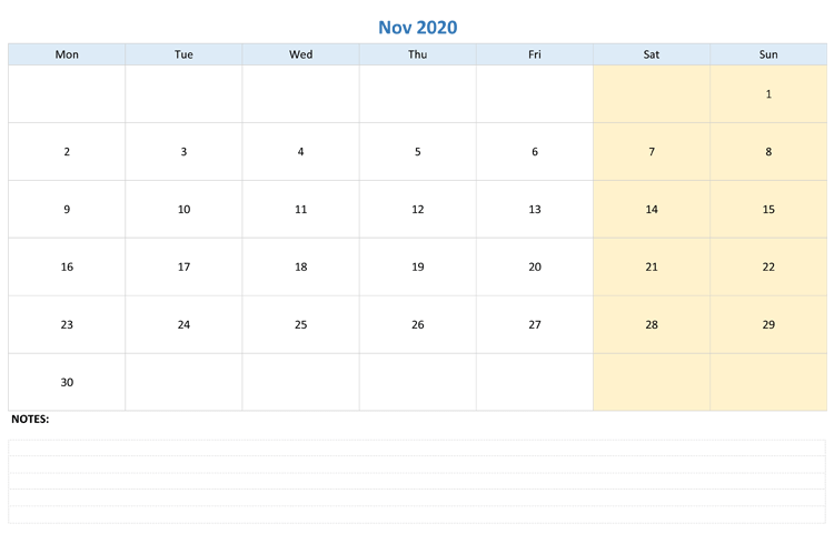November 2020 Editable Calendar with Notes
