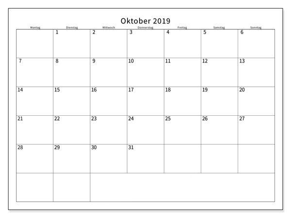 Oktober 2019 Kalender Excel
