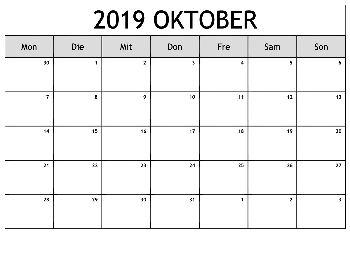 Oktober 2019 Kalender mit Notizen