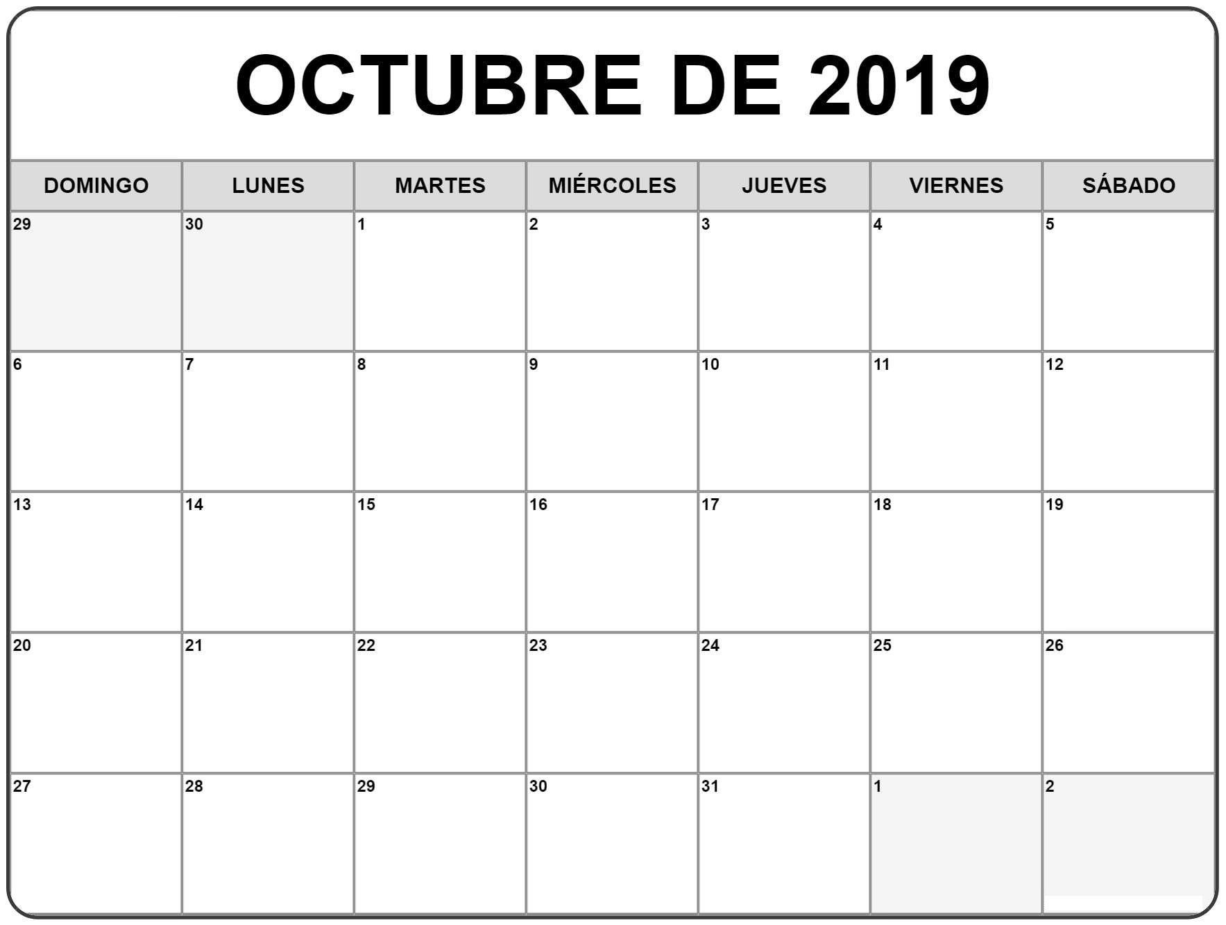 Plantilla Calendario 2019 Octubre