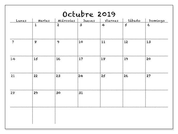 Plantilla de calendario de octubre de 2019