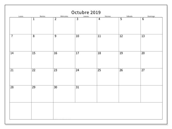 Plantilla en blanco del calendario de octubre de 2019