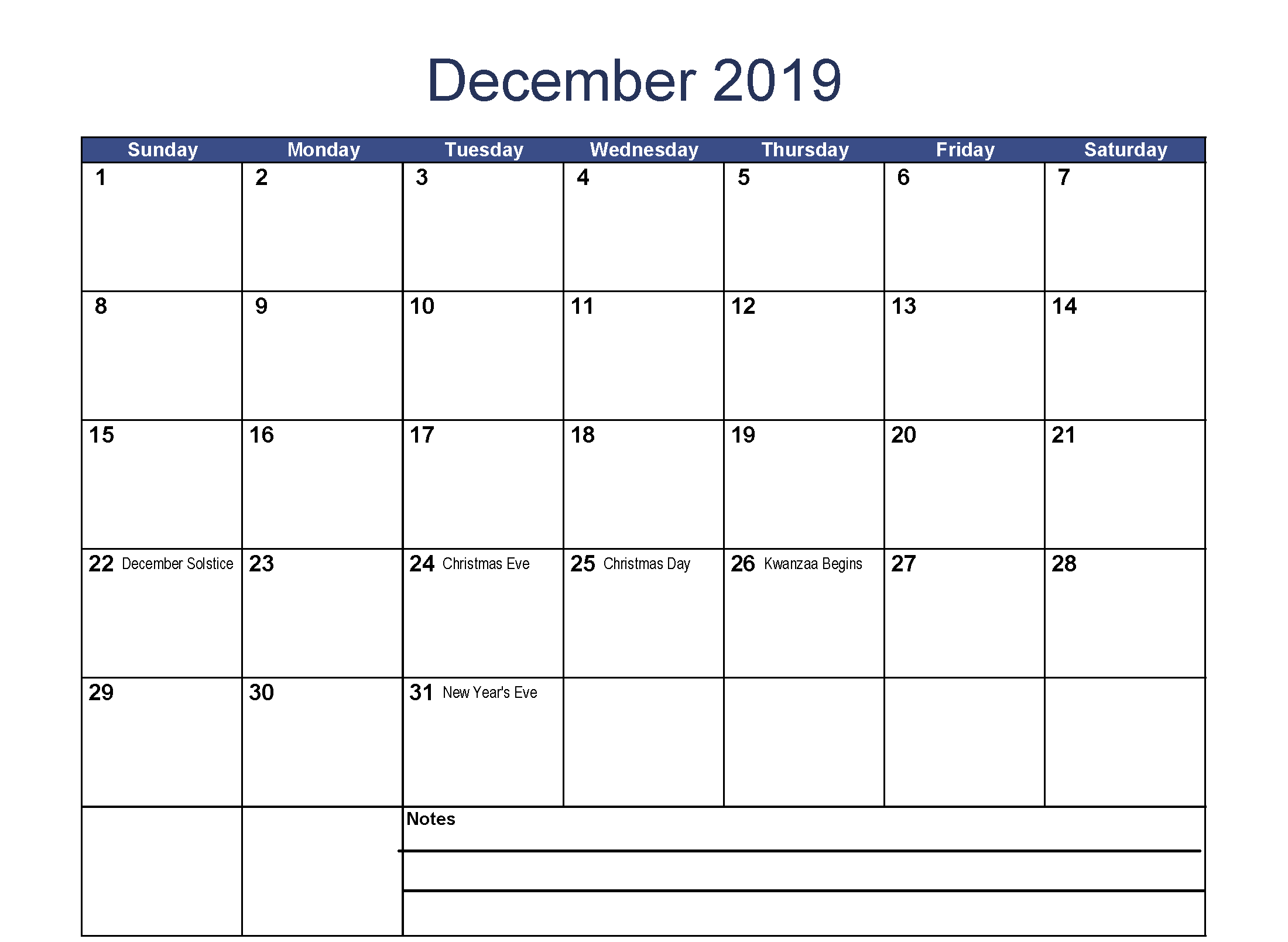 December 2019 Calendar With Holidays Word