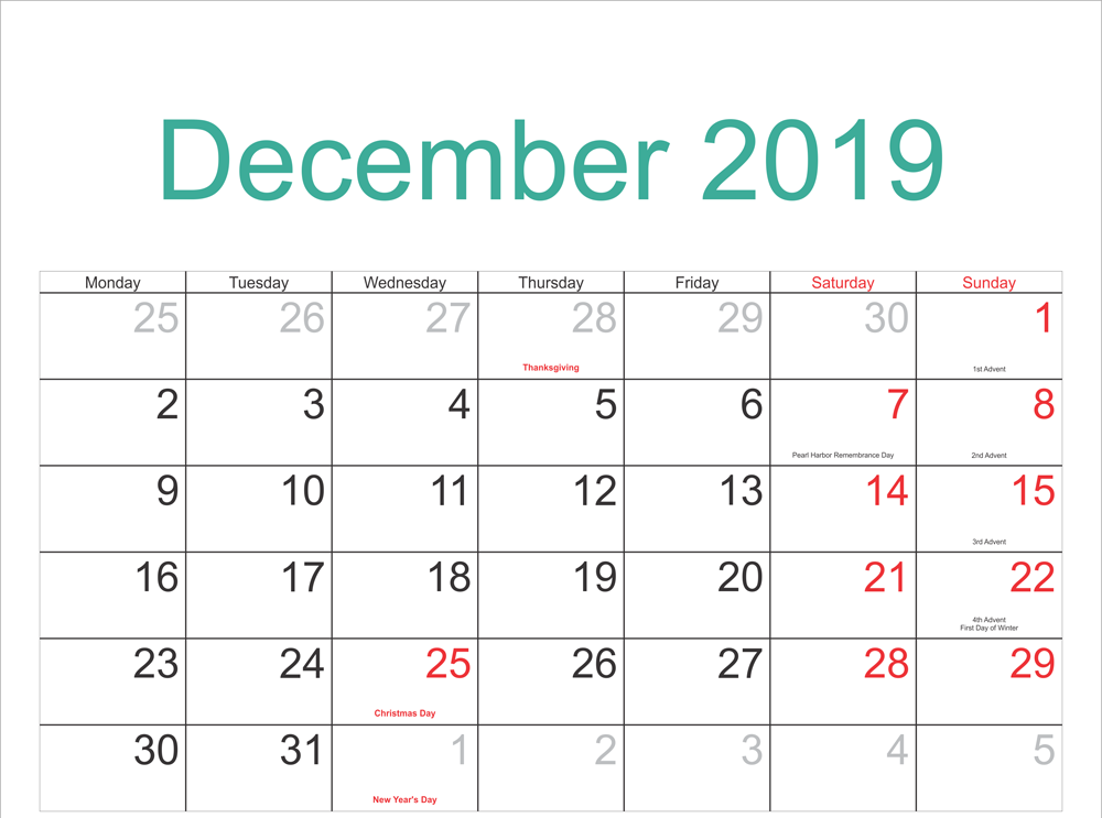 Editable December 2019 Calendar Blank