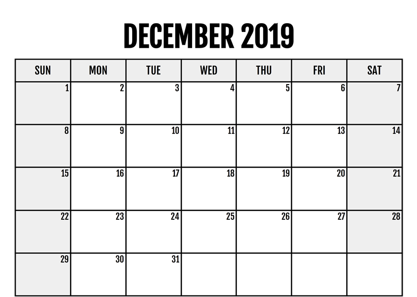 Editable December 2019 Calendar Template