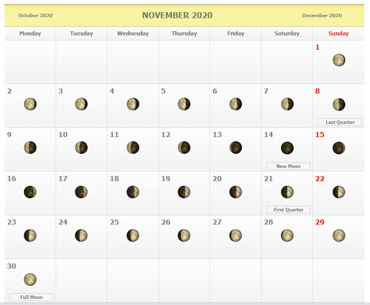 November 2020 Lunar Calendar