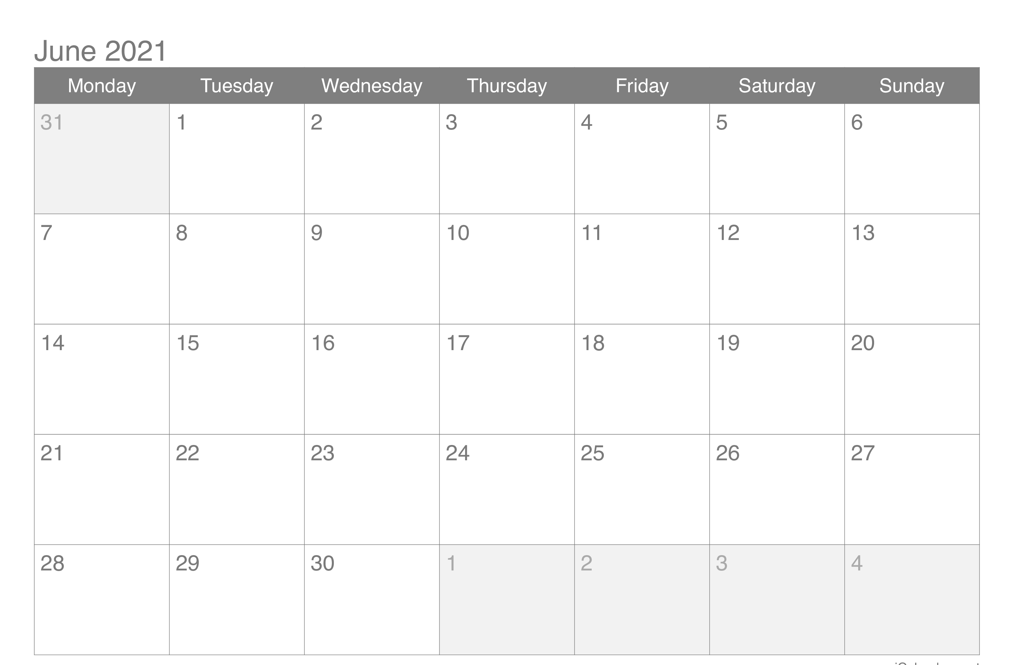 June 2021 Calendar Excel