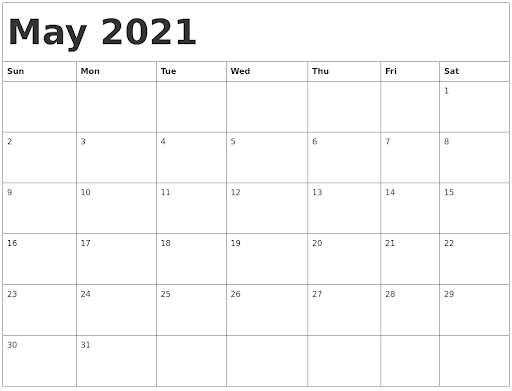 blank calendar may 2021