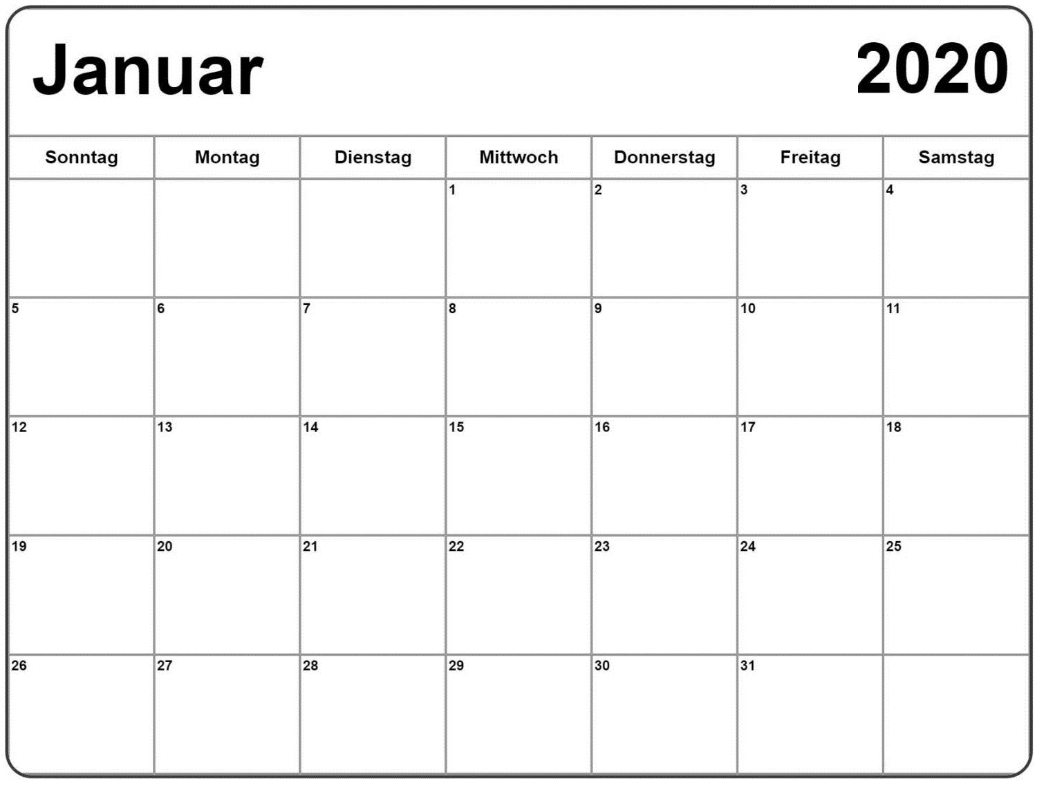 Druckbarer Kalender für Januar 2020