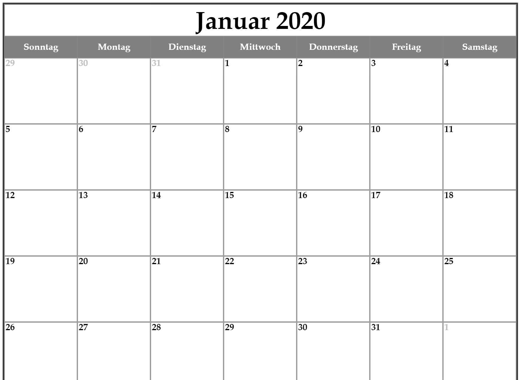Januar 2020 Kalender 