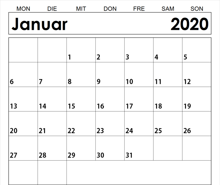 Januar 2020 Kalender mit Notizen