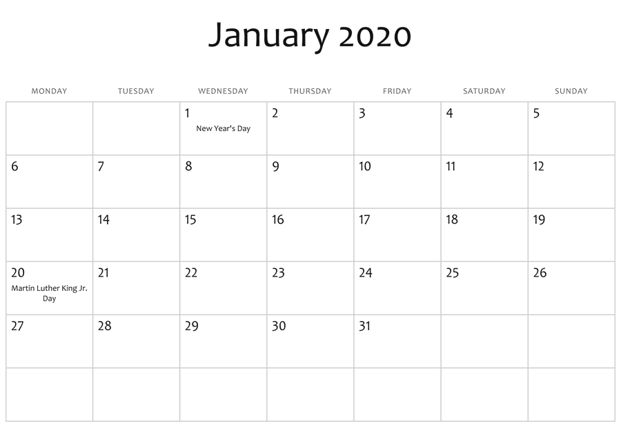 January 2020 Editable Calendar Holidays