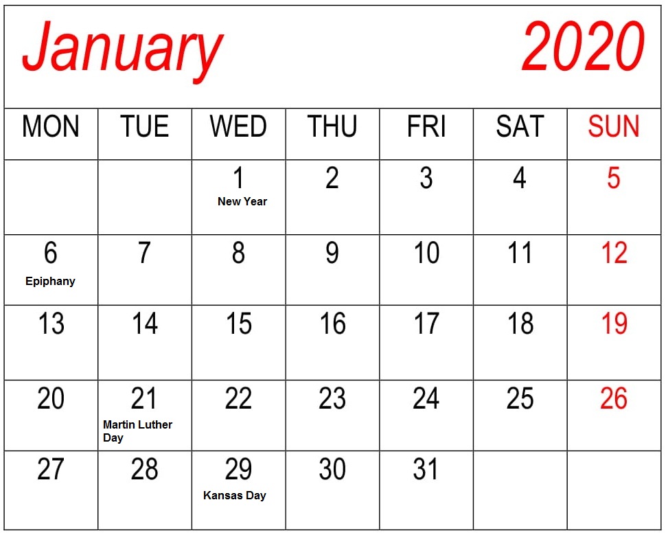 January Calendar 2020 Holidays with Canada
