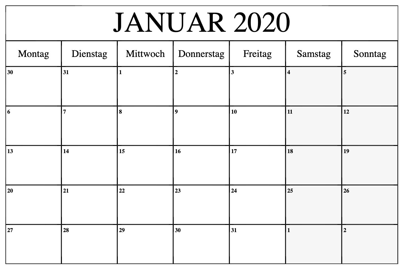 January Calendar 2020