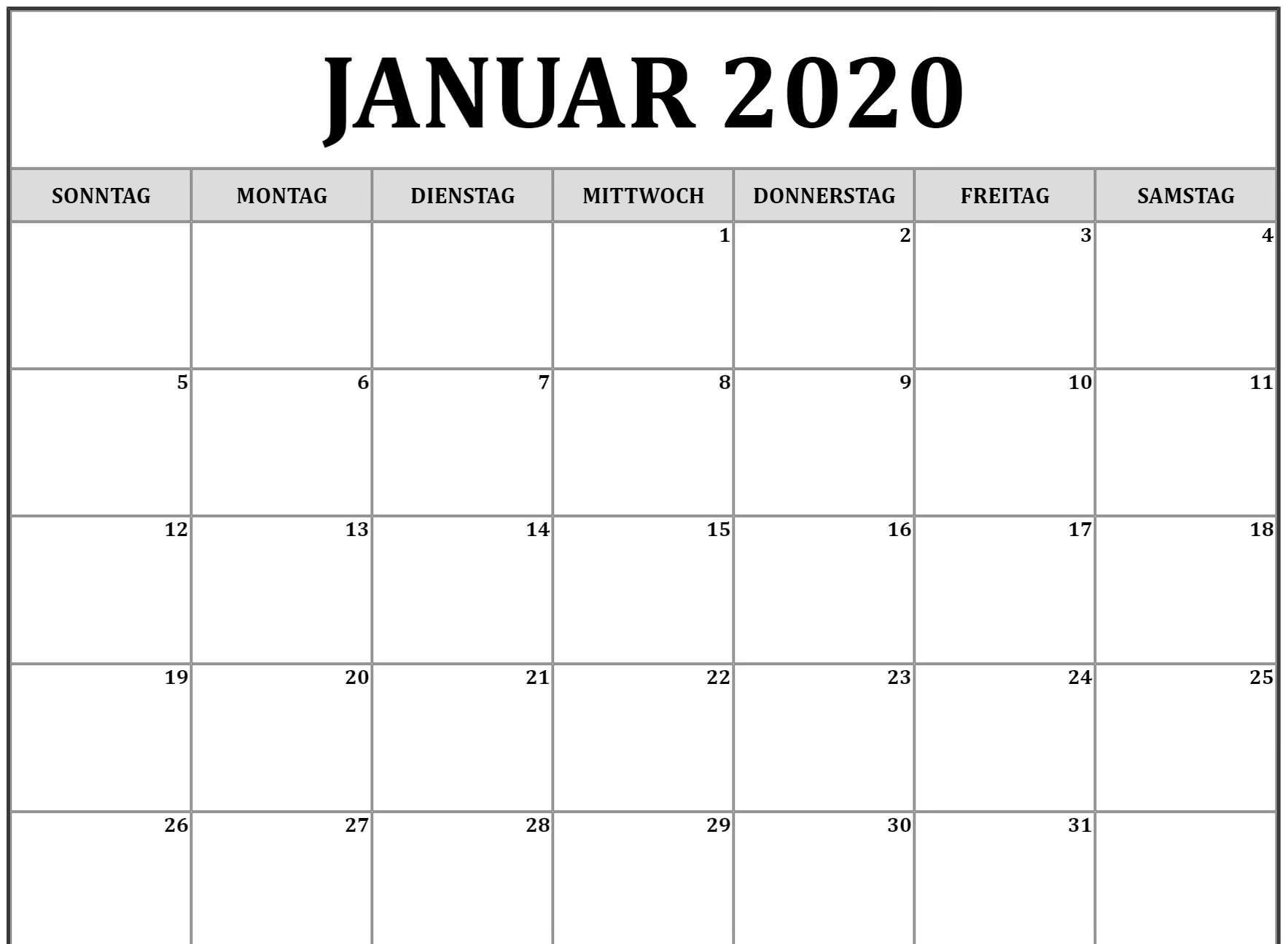 Kalender Januar 2020