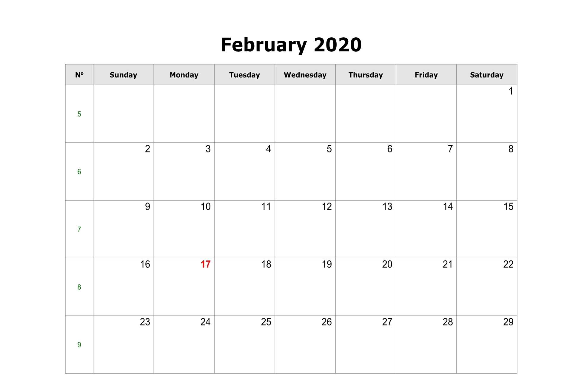 Editable February 2020 Calendar